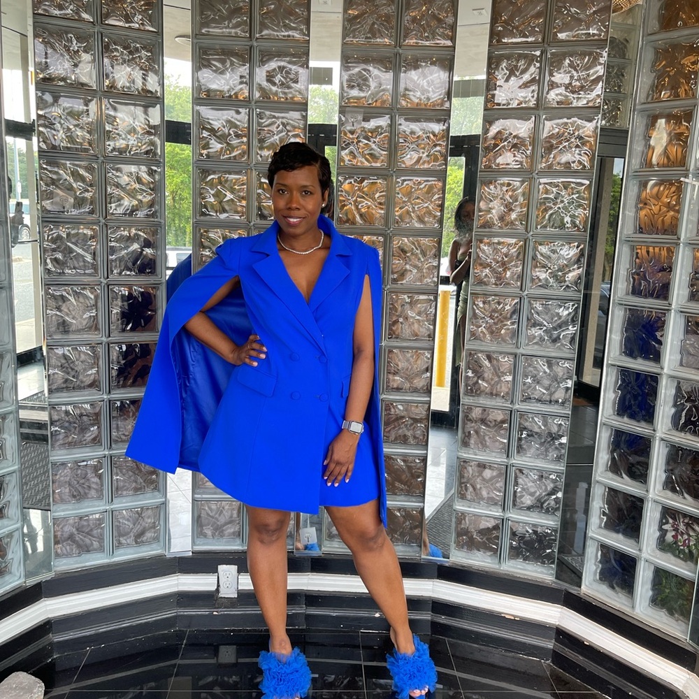 Elegant Akira Blue Blazer Cape Dress - Picture 3 of 5